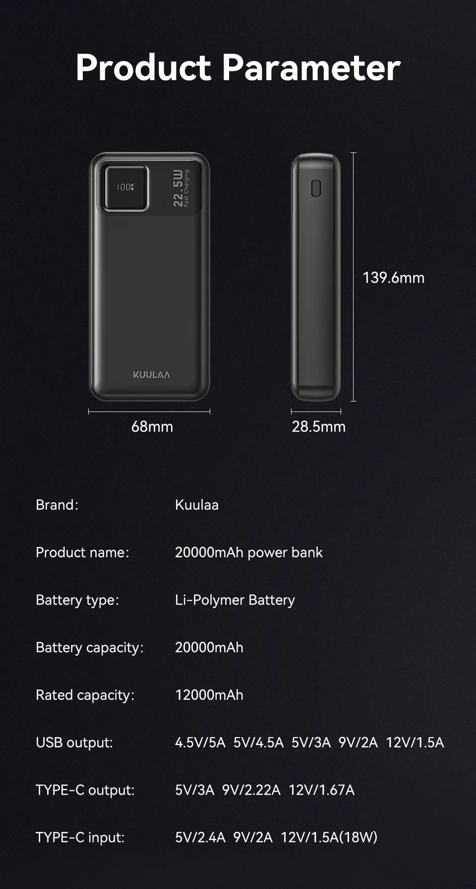 KUULAA 20000mAh banco de energía batería externa portátil 22,5 W cargador portátil de carga rápida para iPhone xiaomi redmi poco Powerbank