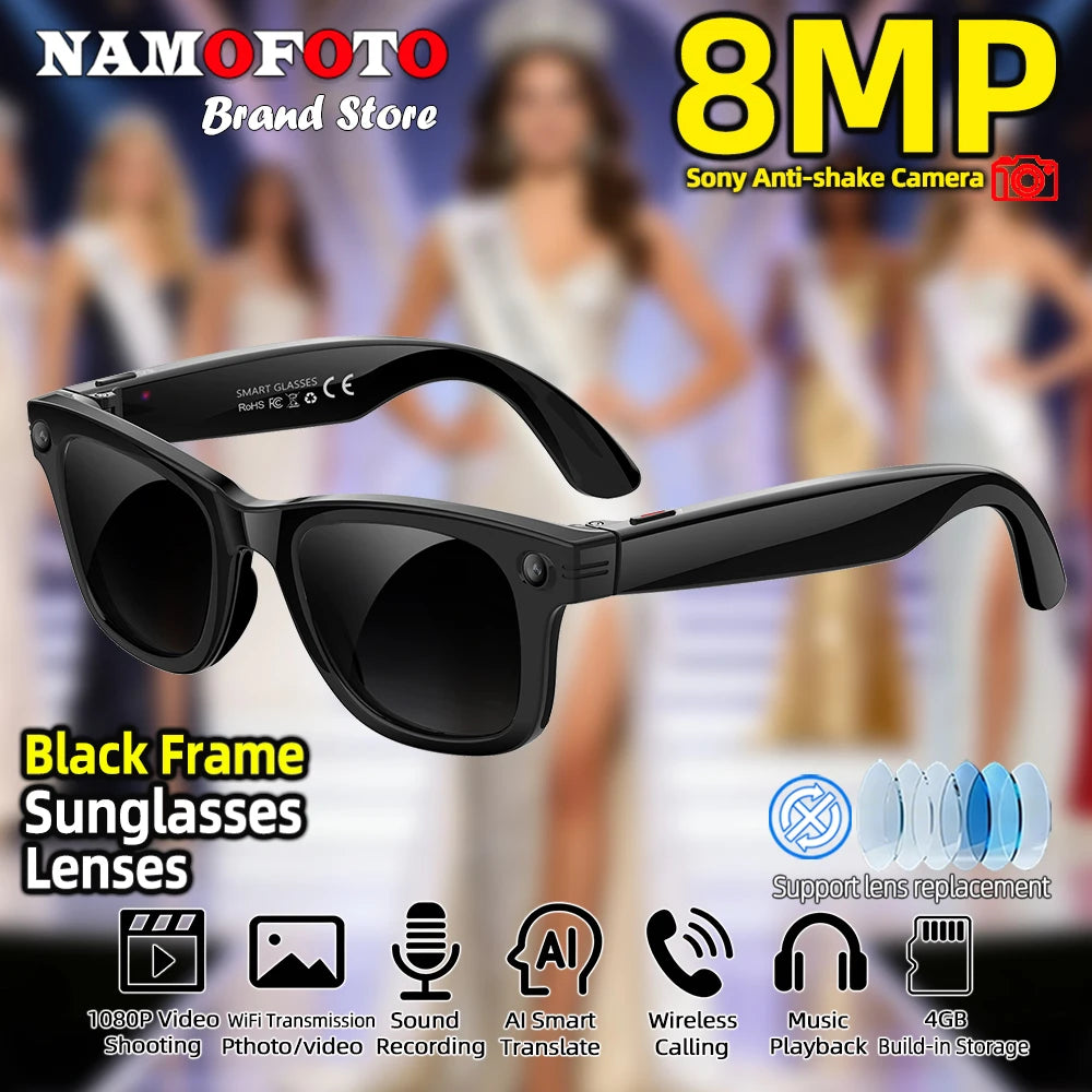 New AI Smart Glasses with Camera 8MP HD 1080P Video Record 4GB Men Women SI Real-time Translation BT Call Music Play Sunglasses