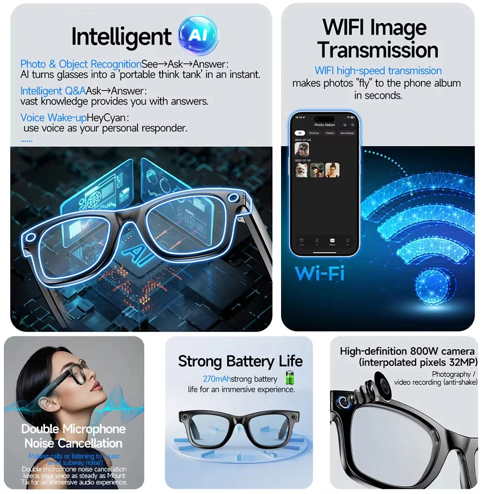 New AI Smart Glasses with Camera 8MP HD 1080P Video Record 4GB Men Women SI Real-time Translation BT Call Music Play Sunglasses