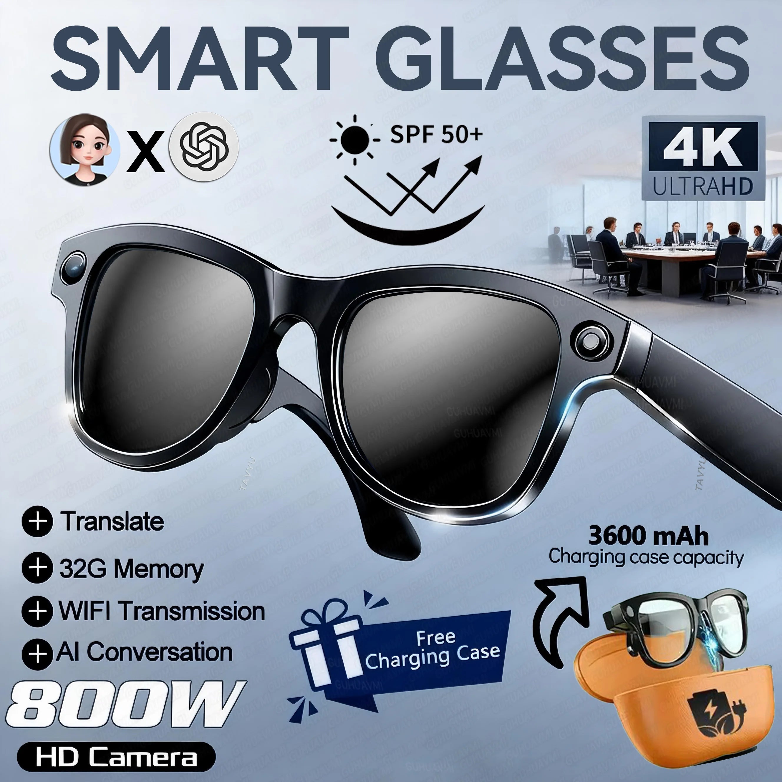 2026New Smart AI Glasses 4K 800W Camera ChatGPT Photos&Video  3600mAh Charging Case Power Bank 32GB Translation Music Sunglasses