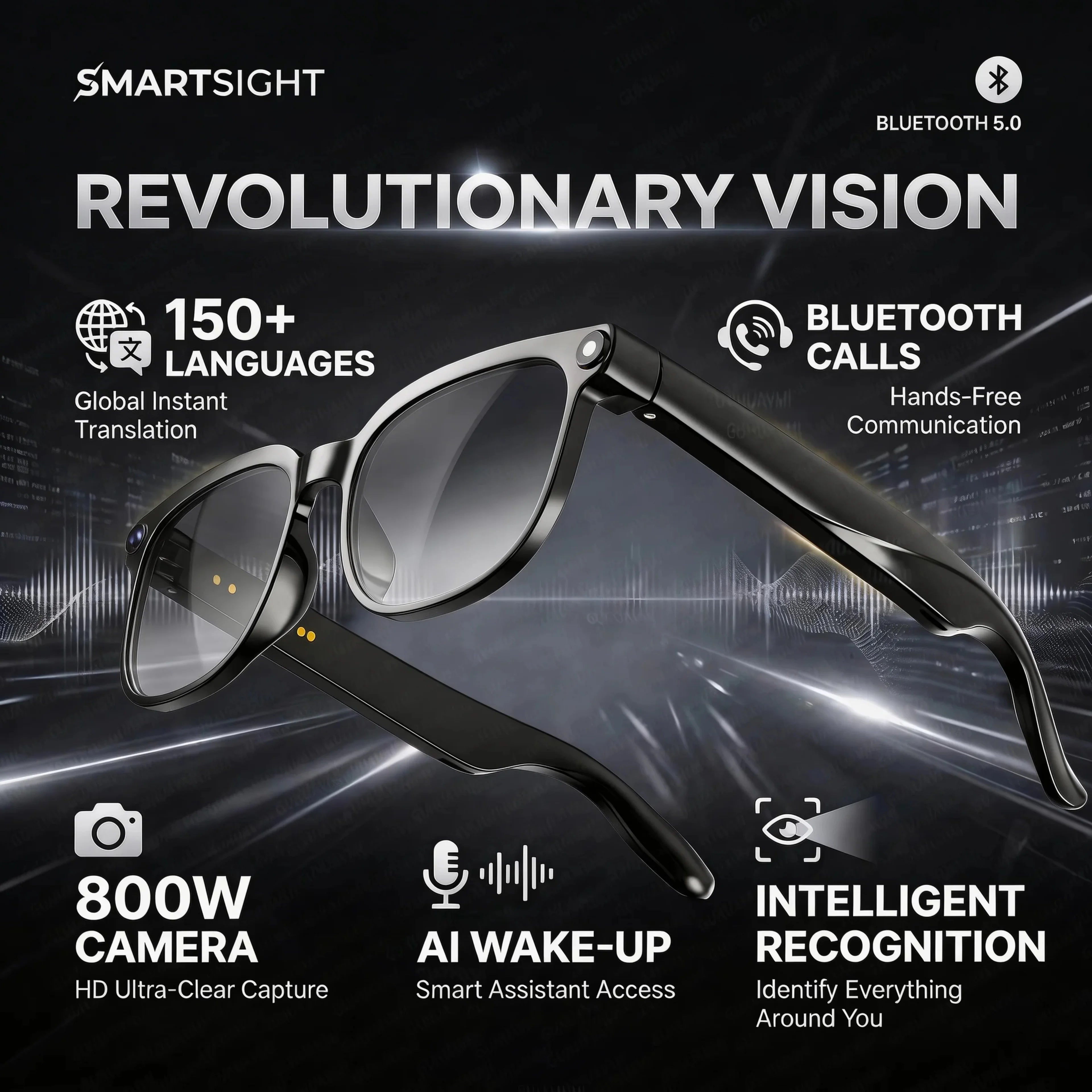 Gafas Inteligentes con IA 2026, Traducción en Más de 120 Idiomas, Cámara de 800W Píxeles, Reproductor de Música y Video, Llamadas, Gafas con Cambio de Color 8K para Hombre