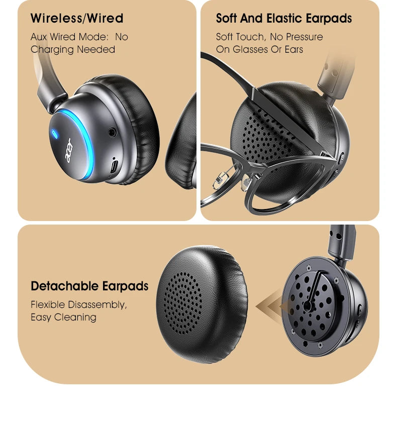 Acer Ohr645 Nuevos auriculares inalámbricos supraaurales con sonido envolvente, efecto de sonido de alta calidad, diseño de ajuste giratorio, tiempo de espera prolongado, adecuados para deportes y otras ocasiones para disfr