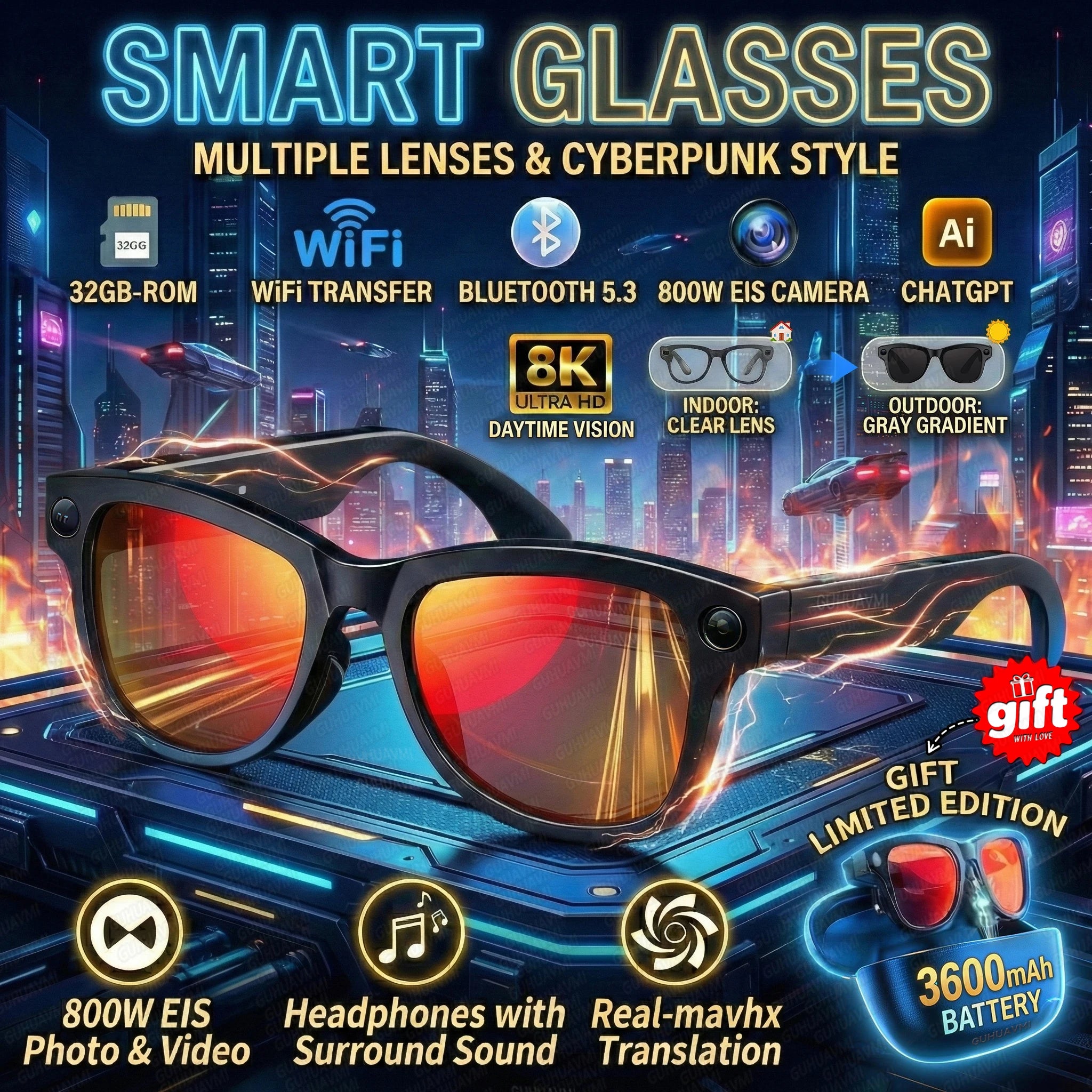 2026New Smart AI Glasses 4K 800W Camera ChatGPT Photos&Video  3600mAh Charging Case Power Bank 32GB Translation Music Sunglasses