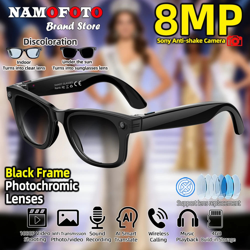 New AI Smart Glasses with Camera 8MP HD 1080P Video Record 4GB Men Women SI Real-time Translation BT Call Music Play Sunglasses