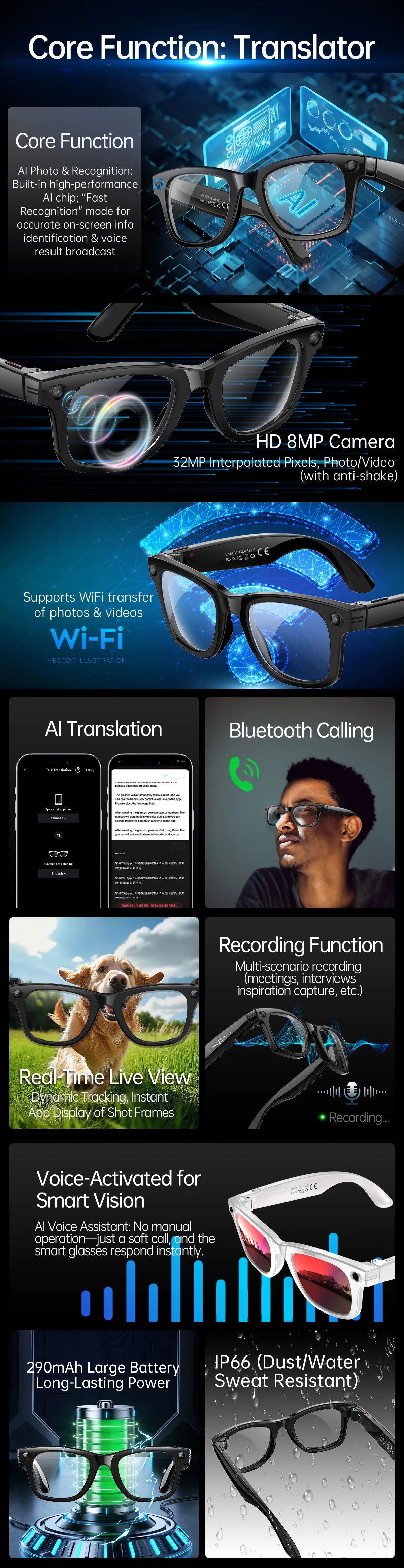 New AI Smart Glasses with Camera 8MP HD 1080P Video Record 4GB Men Women SI Real-time Translation BT Call Music Play Sunglasses