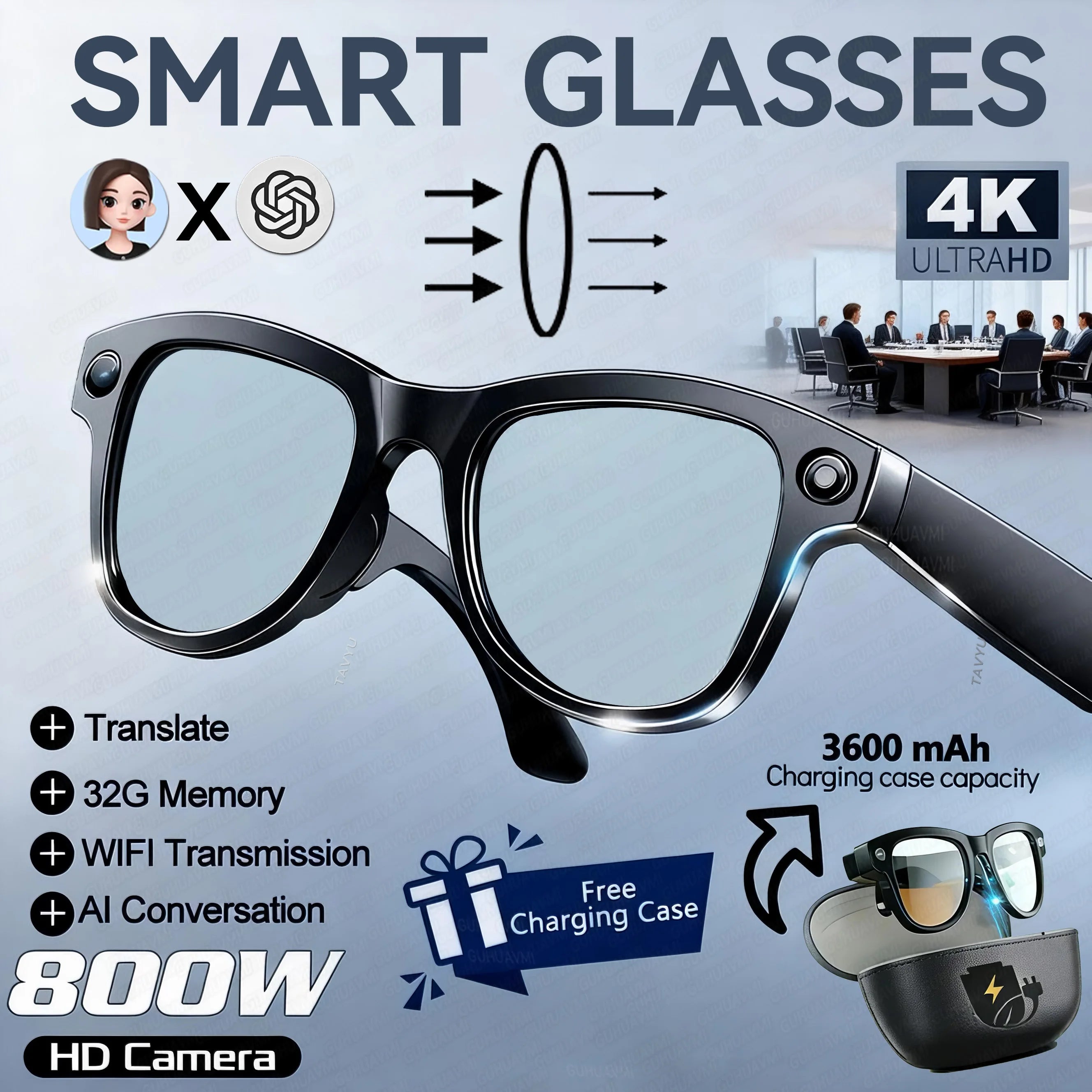 2026New Smart AI Glasses 4K 800W Camera ChatGPT Photos&Video  3600mAh Charging Case Power Bank 32GB Translation Music Sunglasses