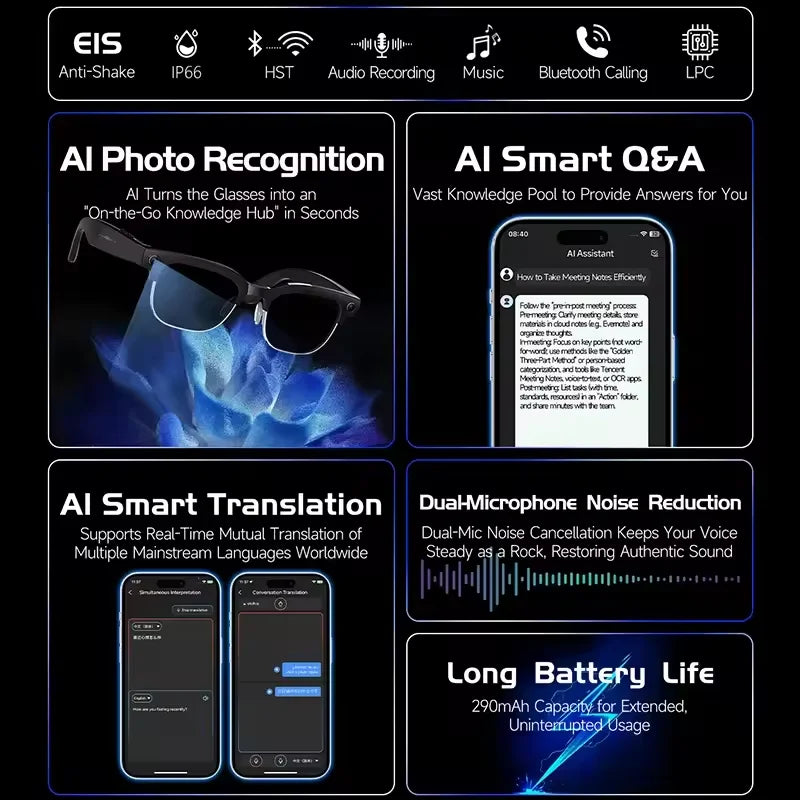 Gafas Inteligentes con IA 2026, Traducción en Más de 120 Idiomas, Cámara de 800W Píxeles, Reproductor de Música y Video, Llamadas, Gafas con Cambio de Color 8K para Hombre