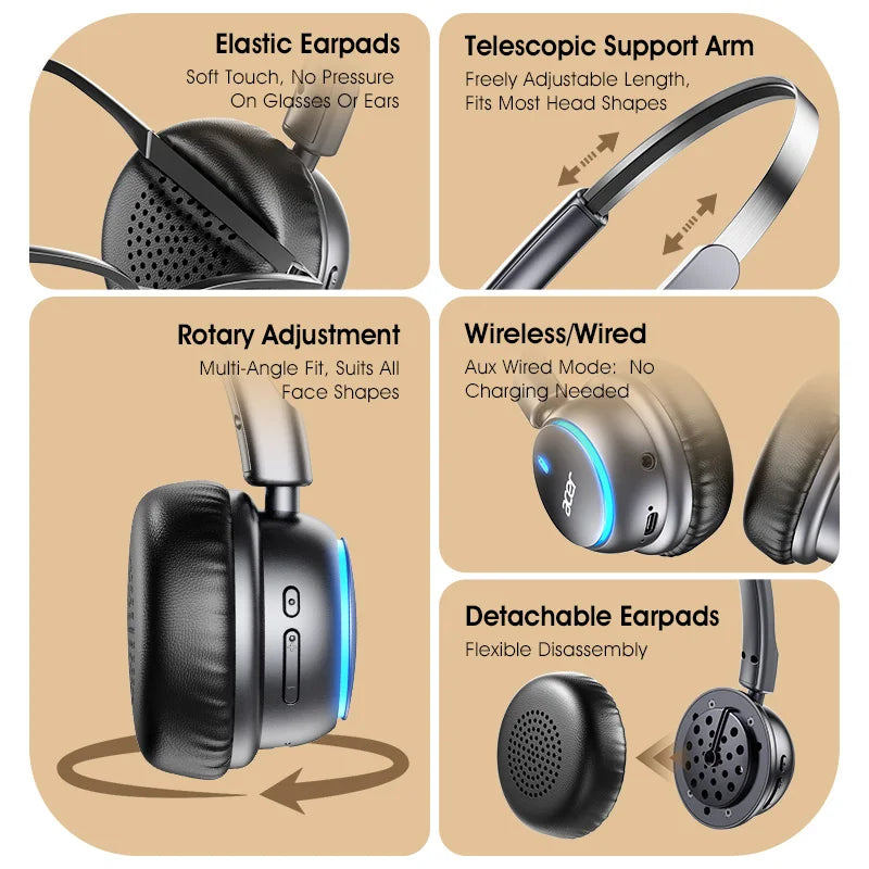 Acer Ohr645 Nuevos auriculares inalámbricos supraaurales con sonido envolvente, efecto de sonido de alta calidad, diseño de ajuste giratorio, tiempo de espera prolongado, adecuados para deportes y otras ocasiones para disfr