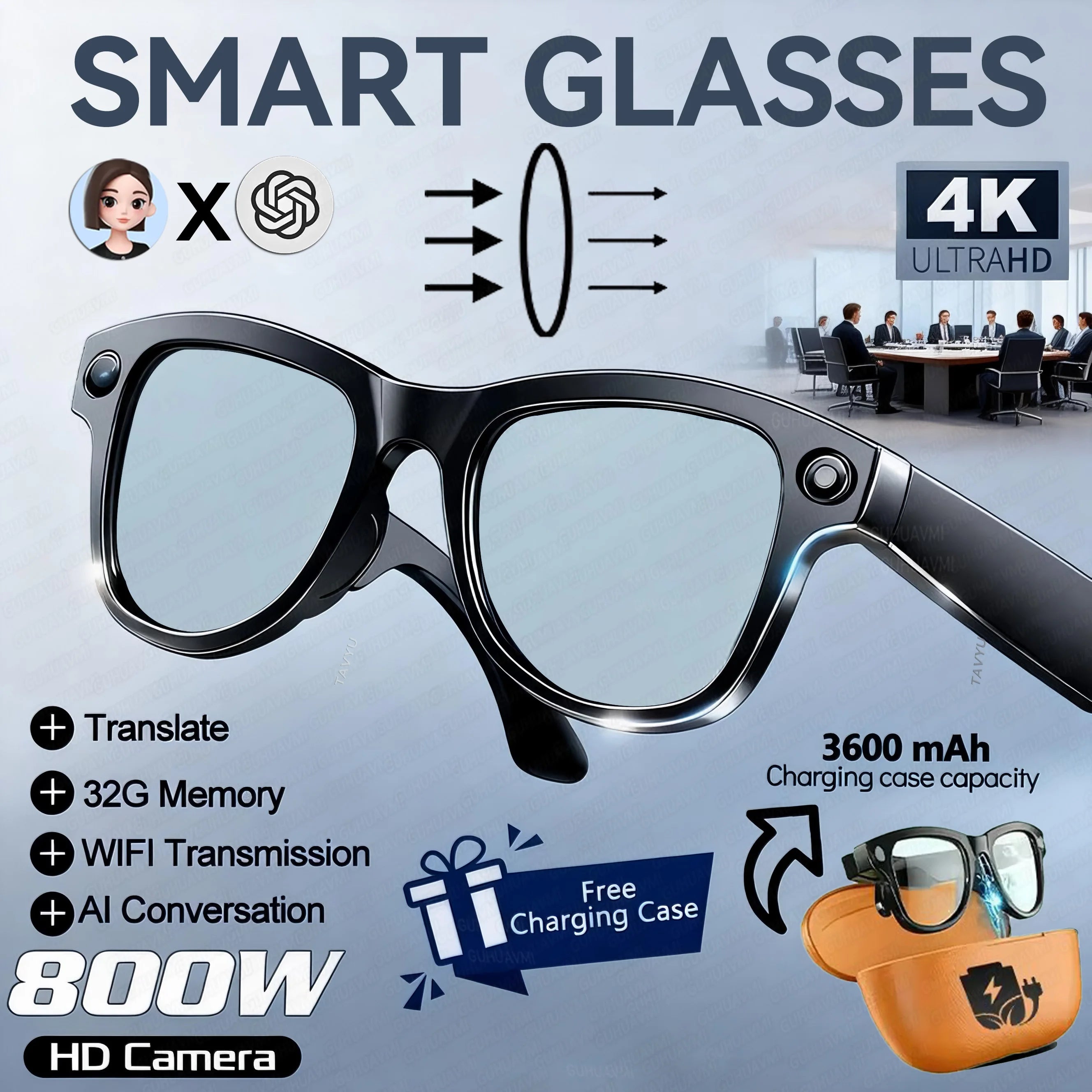 2026New Smart AI Glasses 4K 800W Camera ChatGPT Photos&Video  3600mAh Charging Case Power Bank 32GB Translation Music Sunglasses