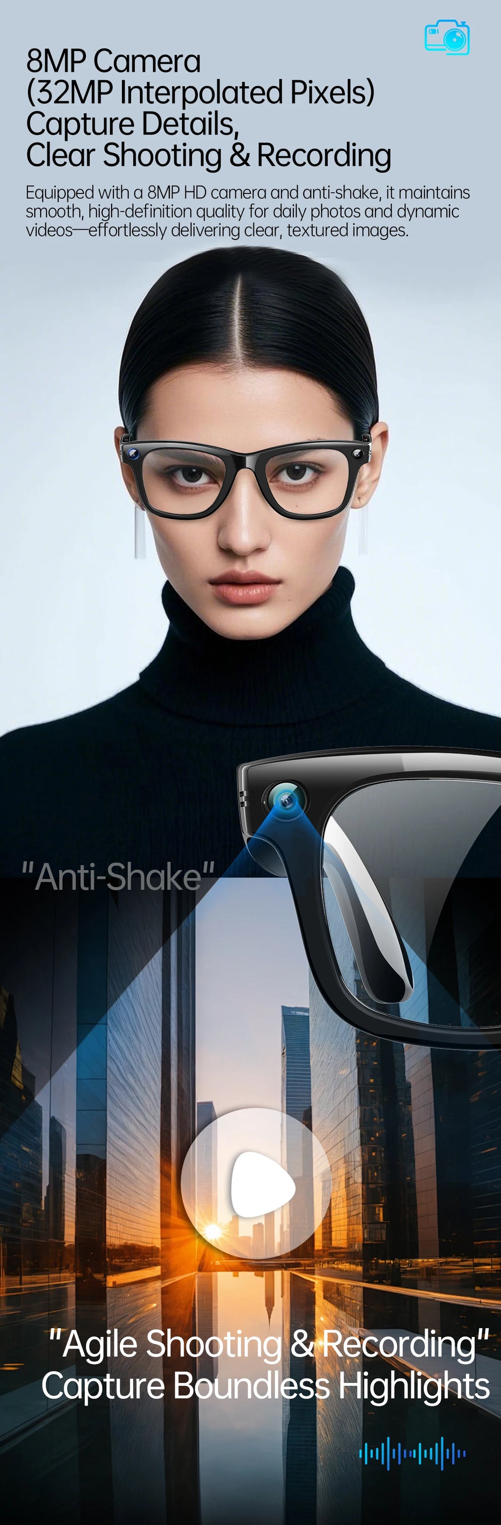 New AI Smart Glasses with Camera 8MP HD 1080P Video Record 4GB Men Women SI Real-time Translation BT Call Music Play Sunglasses