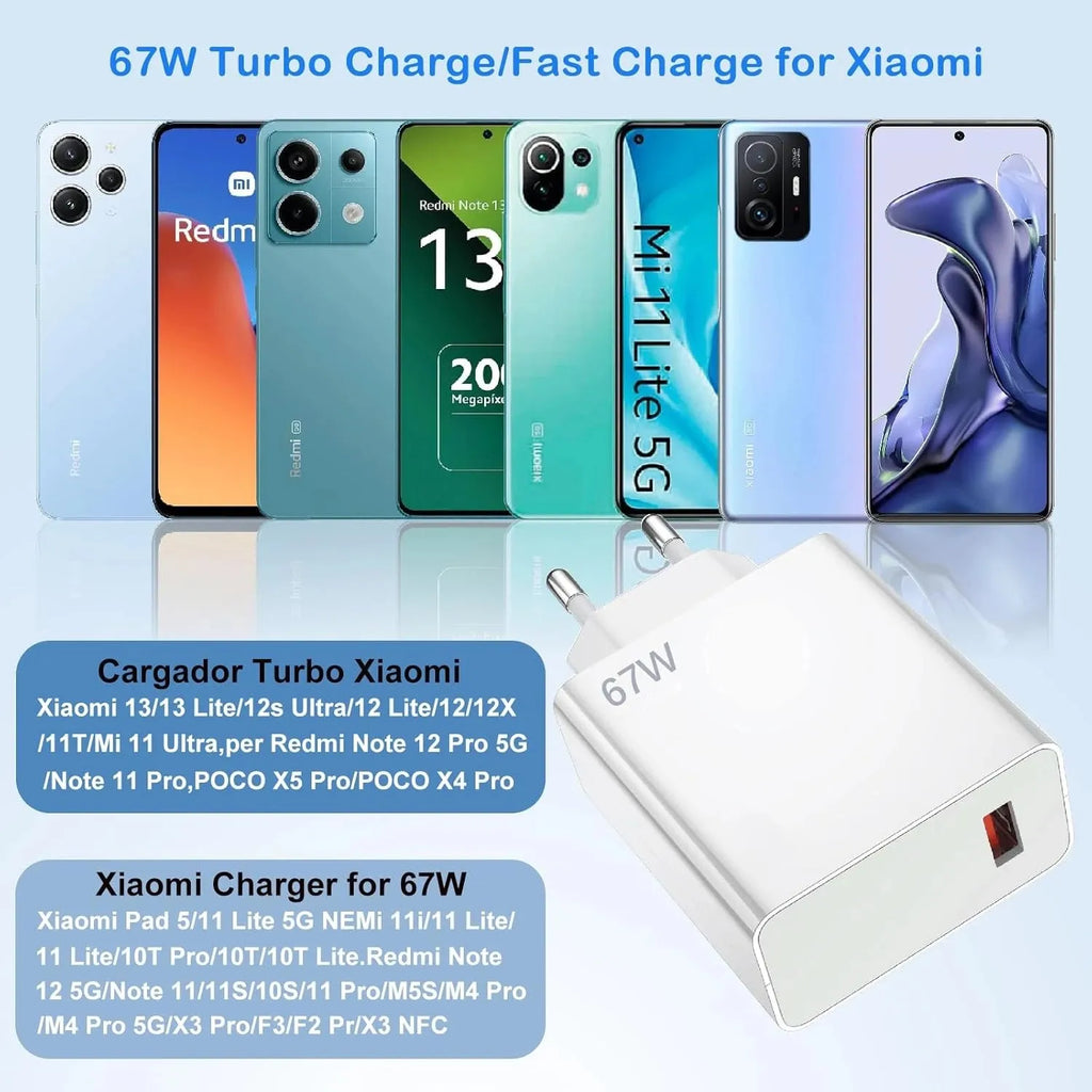 Cargador Ultra rápido de 67W UE EE. UU. para Xiaomi 11 12 13T 14T 15 Redmi Note 11T 12T 13 14 Pro POCO tipo C USB Turbo Cable de carga rápida