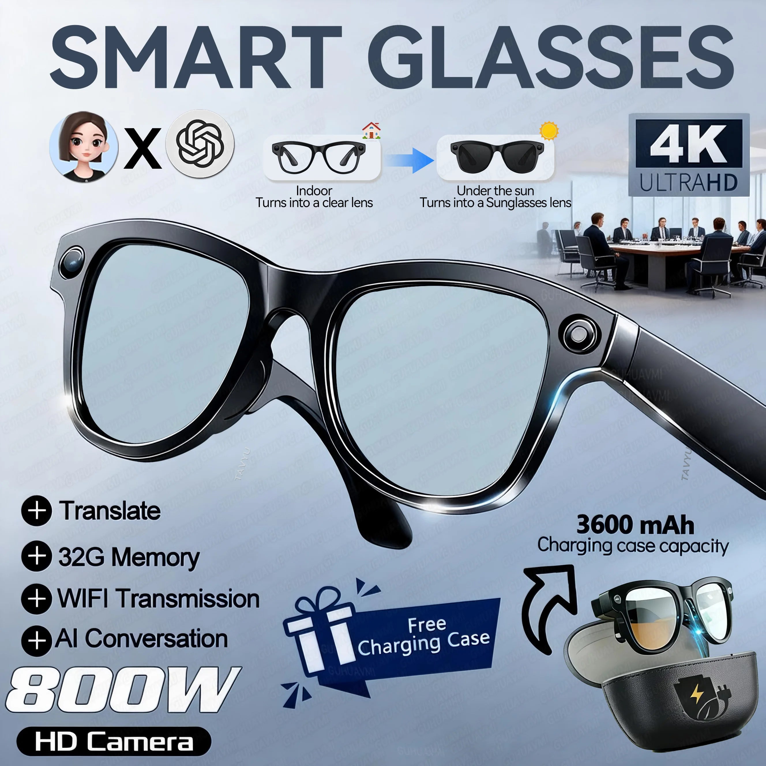 2026New Smart AI Glasses 4K 800W Camera ChatGPT Photos&Video  3600mAh Charging Case Power Bank 32GB Translation Music Sunglasses