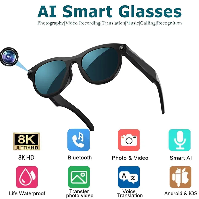 AI gafas de cámara inteligente traducción 8K HD gafas de cámara multifuncional Bluetooth 5,3 llamadas asistente de voz música nuevo