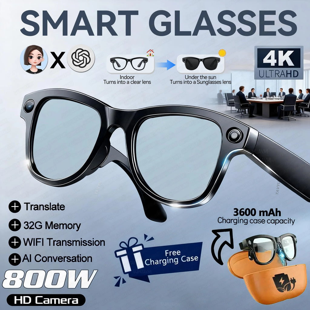 2026New Smart AI Glasses 4K 800W Camera ChatGPT Photos&Video  3600mAh Charging Case Power Bank 32GB Translation Music Sunglasses