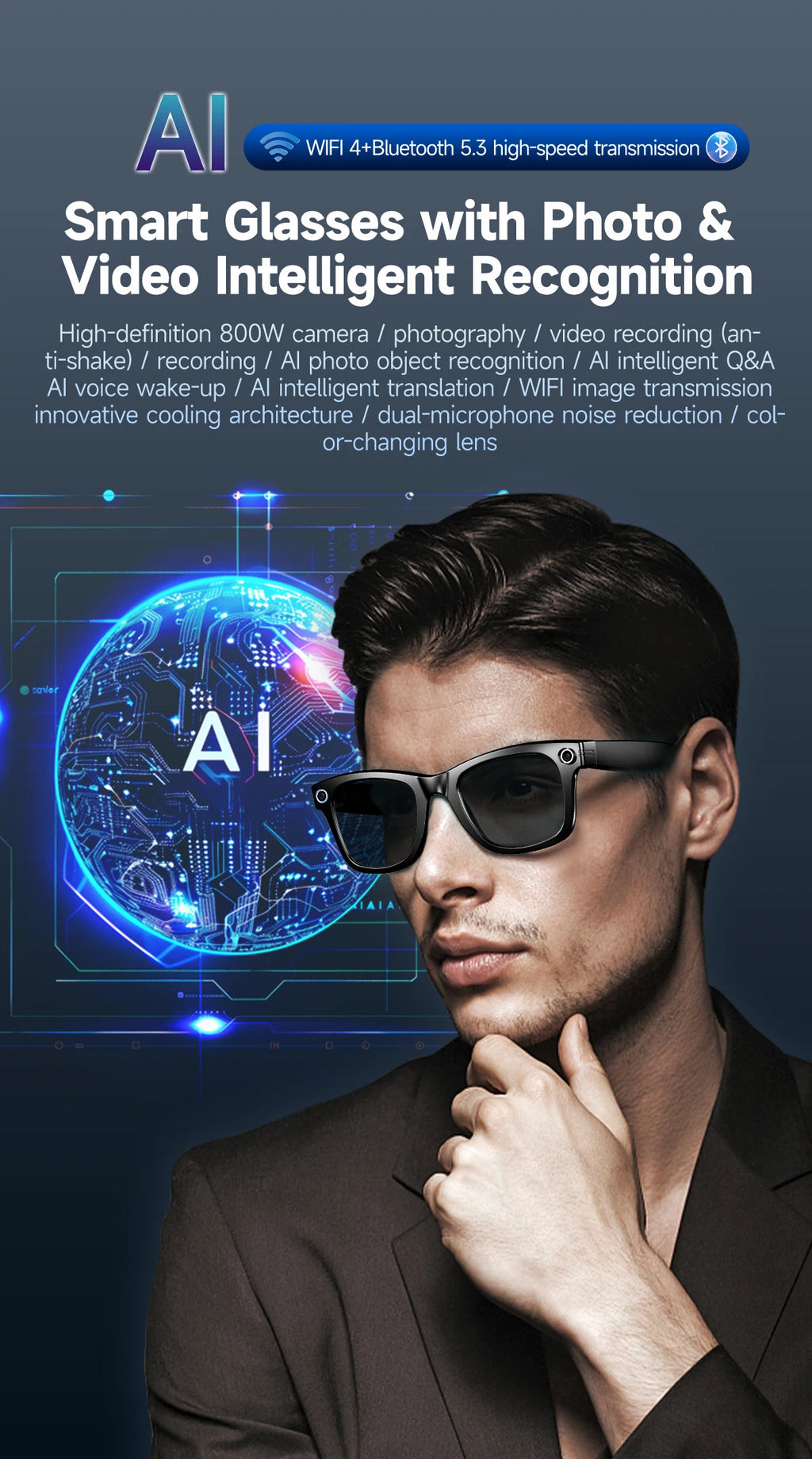 Gafas Inteligentes Meta AI TOP 1 con Cámara de 8MP, Grabación de Video, Traducción a Más de 100 Idiomas, Llamadas Bluetooth, Reproducción de Música