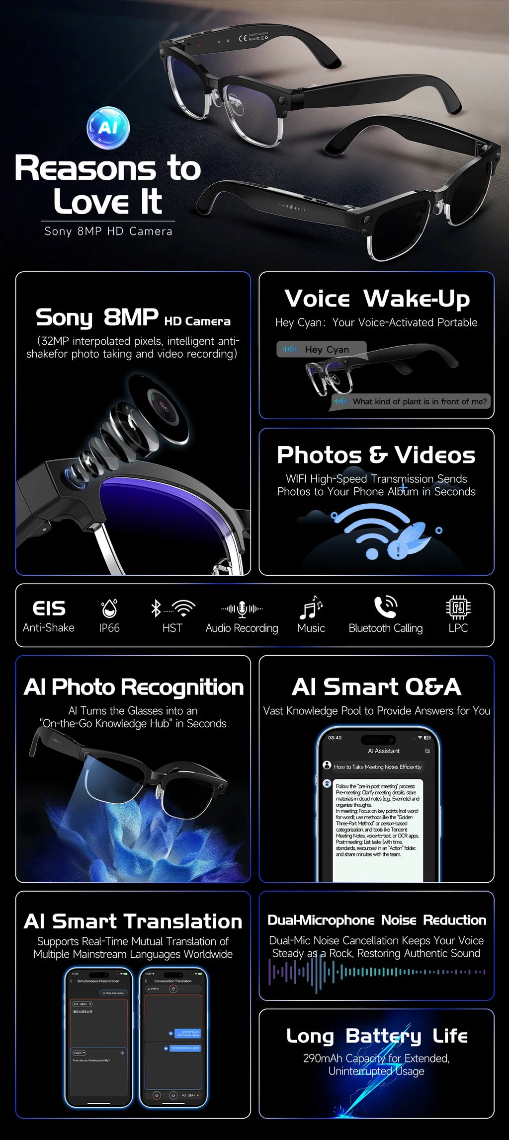 AI Smart Glasses 8 Million Pixels Recording Videos Photo Recognition Answer Translation 290mAh IP66 Waterproof Bluetooth Glasses