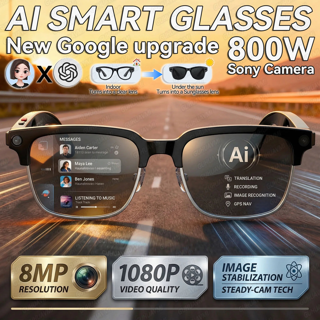 Gafas Inteligentes con IA 2026, Traducción en Más de 120 Idiomas, Cámara de 800W Píxeles, Reproductor de Música y Video, Llamadas, Gafas con Cambio de Color 8K para Hombre