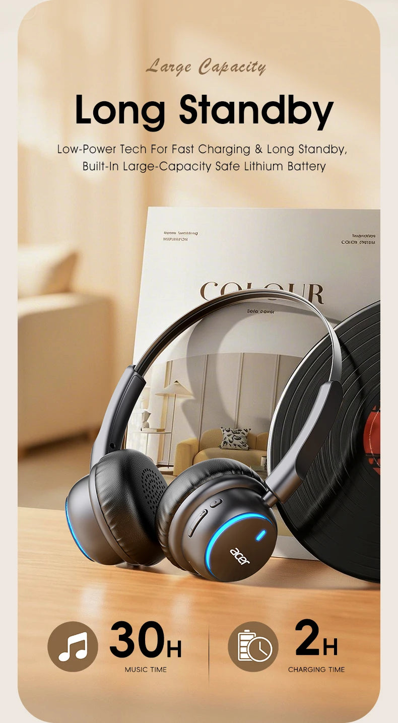 Acer Ohr645 Nuevos auriculares inalámbricos supraaurales con sonido envolvente, efecto de sonido de alta calidad, diseño de ajuste giratorio, tiempo de espera prolongado, adecuados para deportes y otras ocasiones para disfr