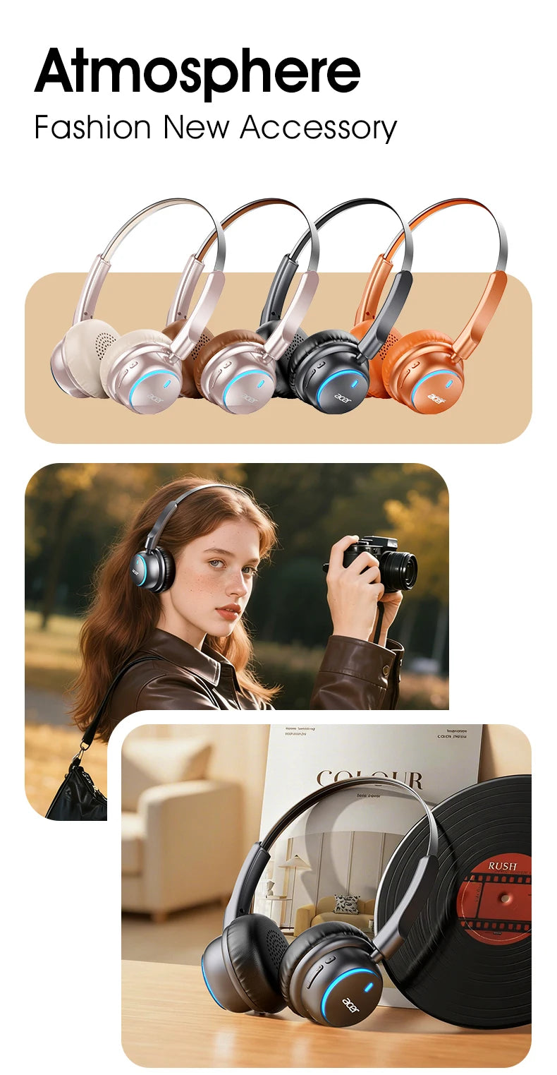 Acer Ohr645 Nuevos auriculares inalámbricos supraaurales con sonido envolvente, efecto de sonido de alta calidad, diseño de ajuste giratorio, tiempo de espera prolongado, adecuados para deportes y otras ocasiones para disfr