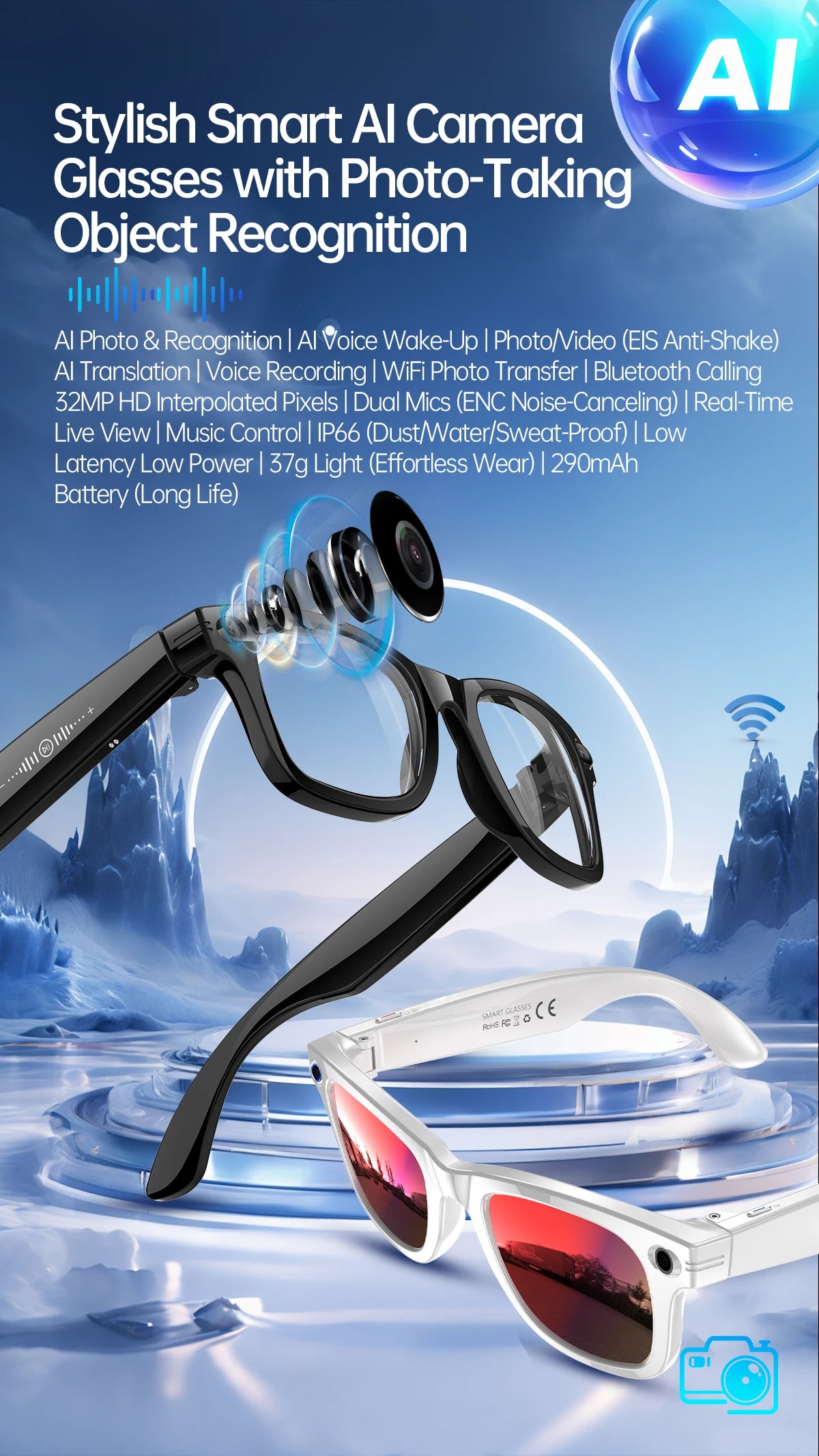 New AI Smart Glasses with Camera 8MP HD 1080P Video Record 4GB Men Women SI Real-time Translation BT Call Music Play Sunglasses