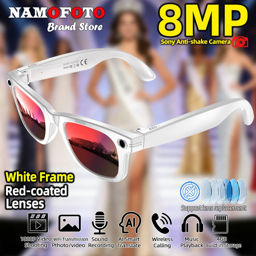 New AI Smart Glasses with Camera 8MP HD 1080P Video Record 4GB Men Women SI Real-time Translation BT Call Music Play Sunglasses