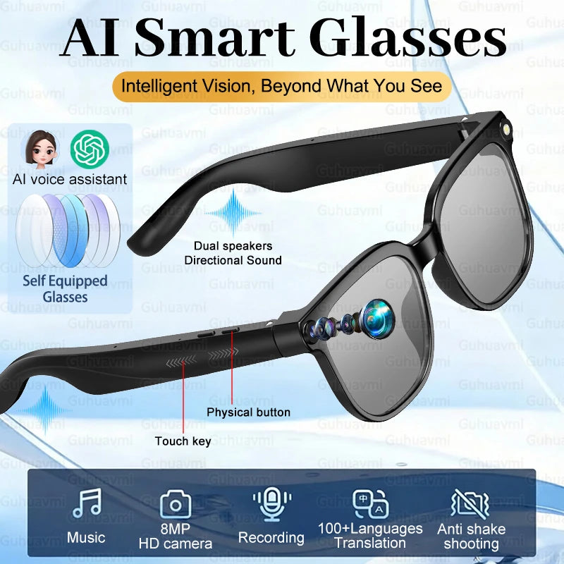 Gafas Inteligentes con IA 2026, Cámara HD 4K de 800W, Memoria de 32GB, Traducción a Más de 139 Idiomas, ChatGPT, Música, Fotos y Video, Gafas de Sol para Hombre y Mujer