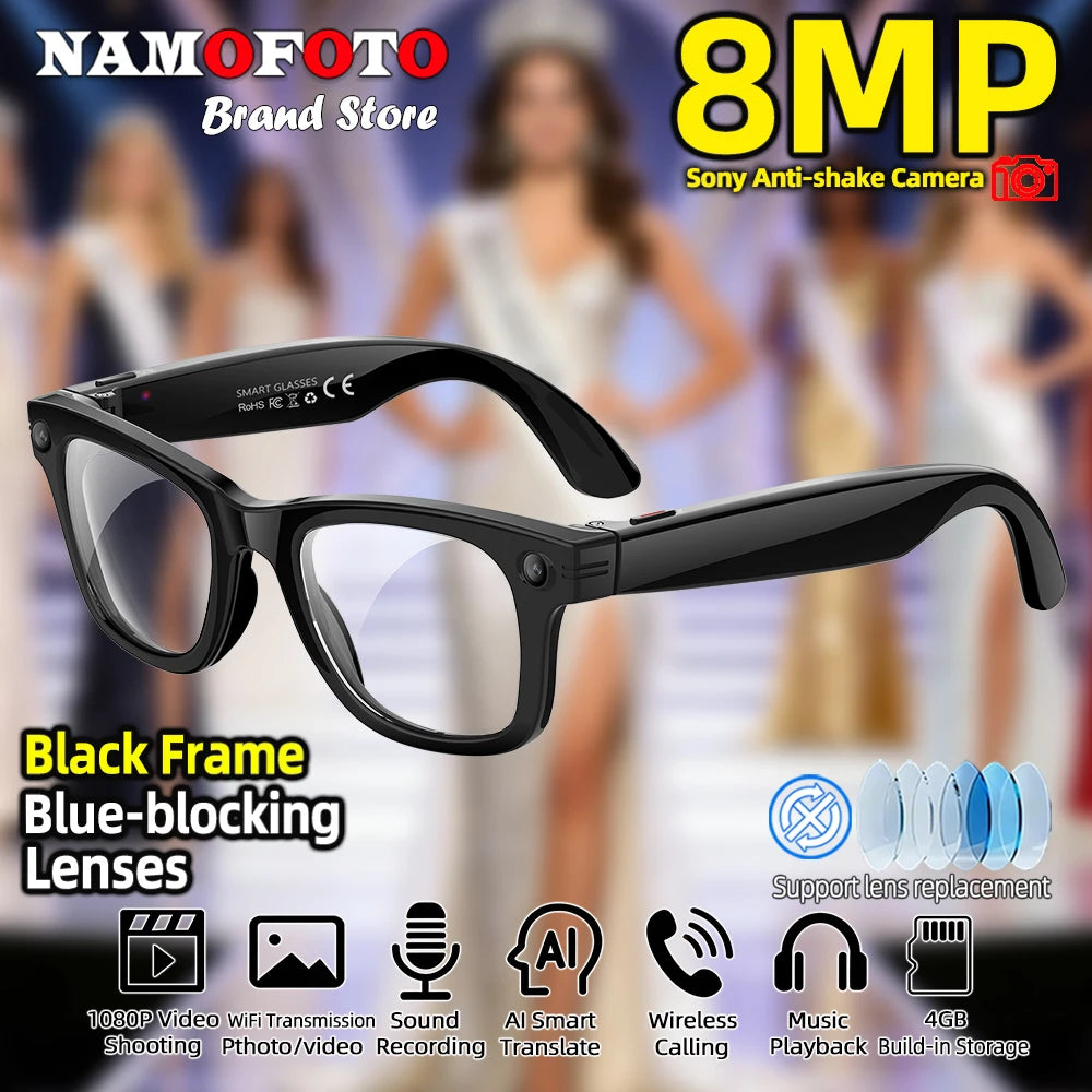 New AI Smart Glasses with Camera 8MP HD 1080P Video Record 4GB Men Women SI Real-time Translation BT Call Music Play Sunglasses