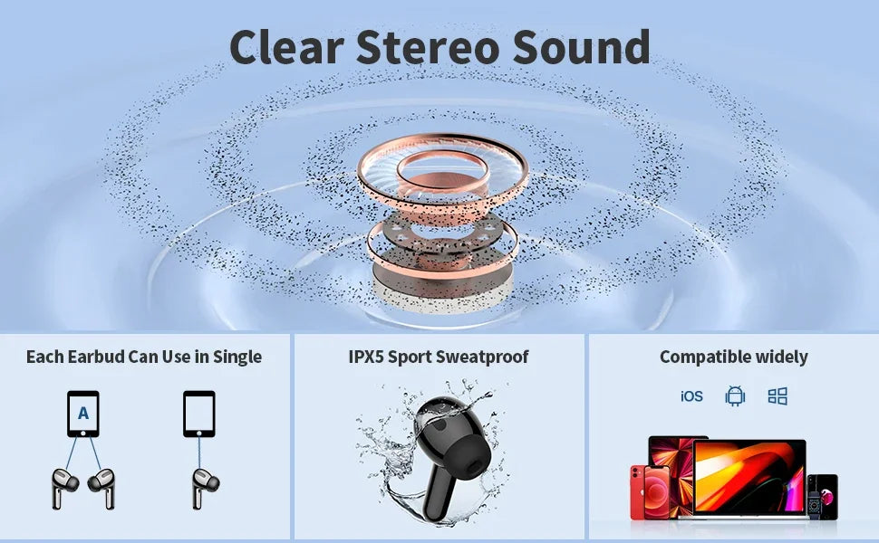 Auriculares inalámbricos con Bluetooth 5,3, reducción de ruido de llamadas de cuatro micrófonos ENC, tiempo de reproducción de 50 horas Auriculares inalámbricos Bluetooth