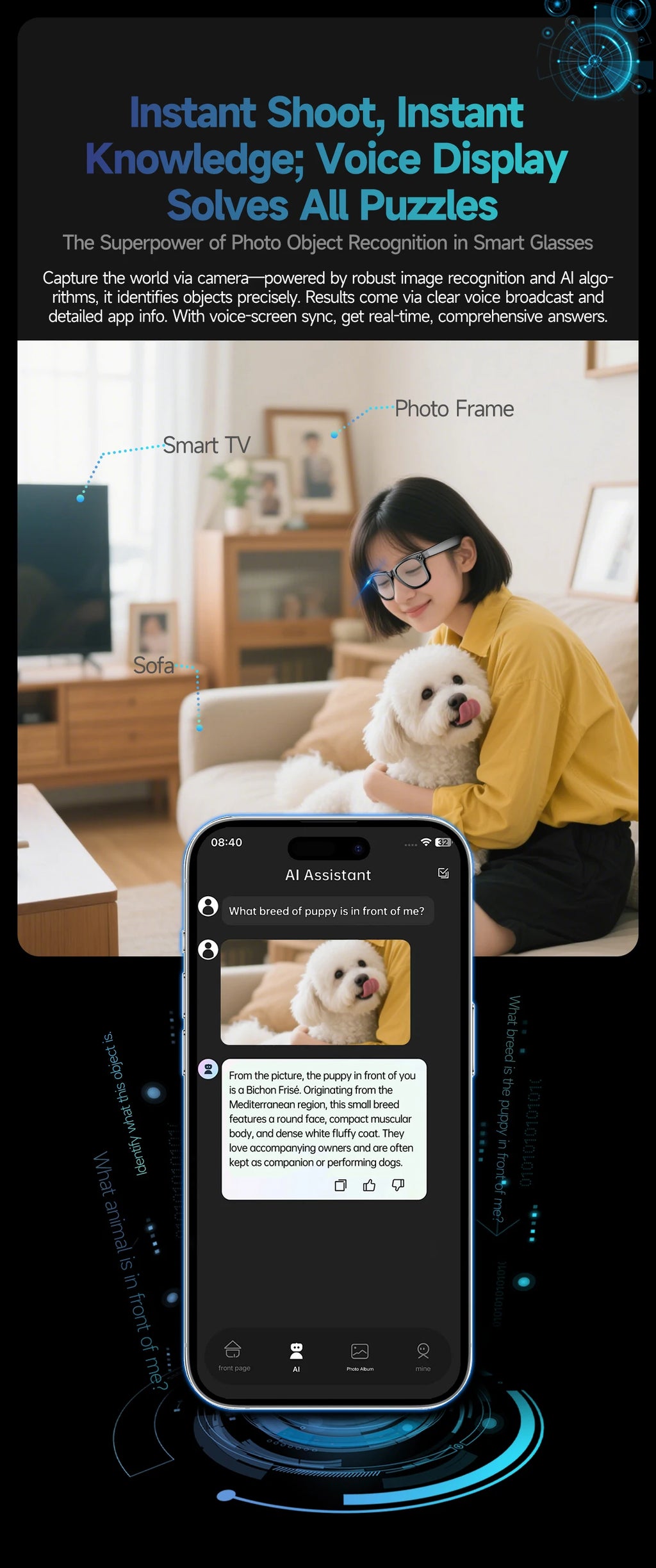 Gafas Inteligentes Meta AI TOP 1 con Cámara de 8MP, Grabación de Video, Traducción a Más de 100 Idiomas, Llamadas Bluetooth, Reproducción de Música