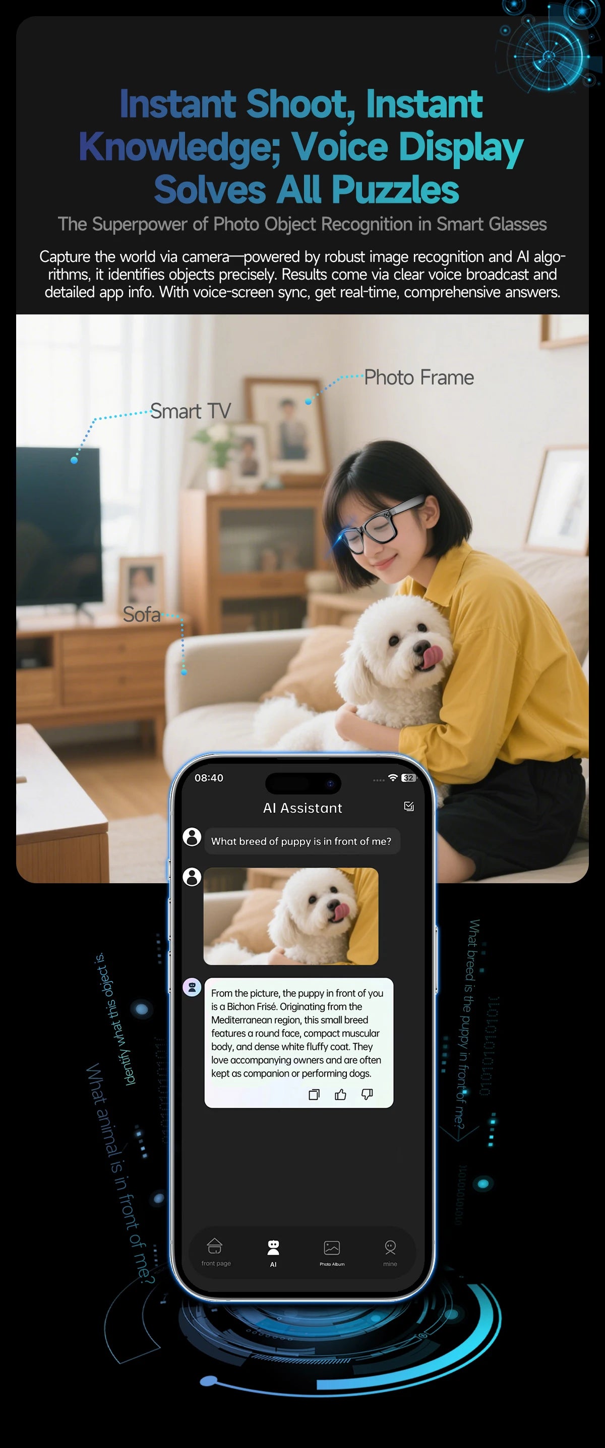 Gafas Inteligentes Meta AI TOP 1 con Cámara de 8MP, Grabación de Video, Traducción a Más de 100 Idiomas, Llamadas Bluetooth, Reproducción de Música
