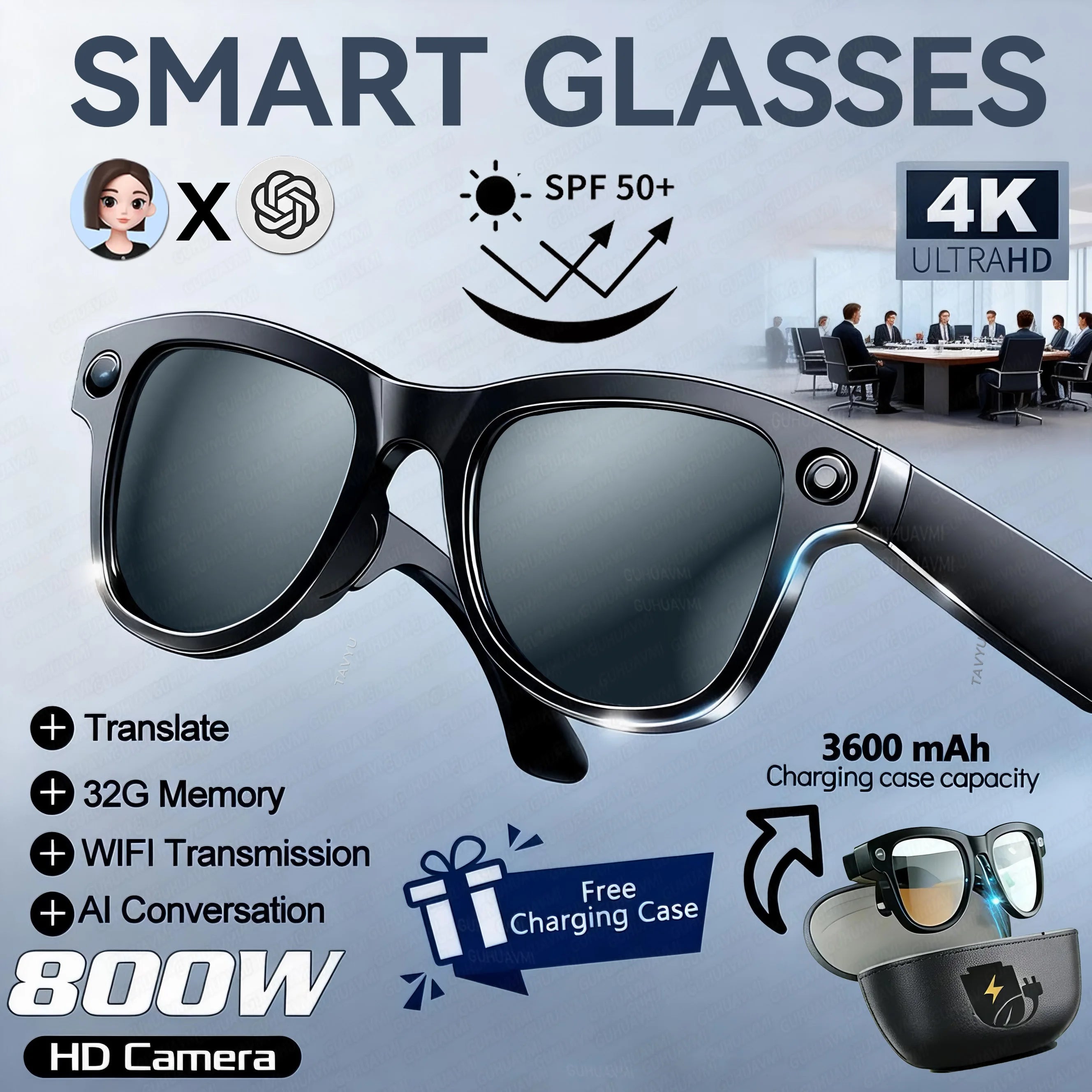 2026New Smart AI Glasses 4K 800W Camera ChatGPT Photos&Video  3600mAh Charging Case Power Bank 32GB Translation Music Sunglasses