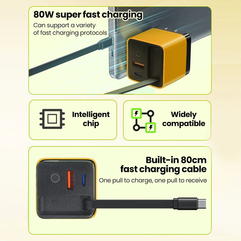Elough-cargador USB tipo C de 80W con Cable retráctil PD, carga rápida para iPhone 16, portátil, Macbook, teléfono, cargador rápido