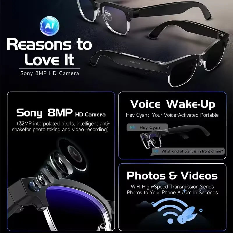 Gafas Inteligentes con IA 2026, Traducción en Más de 120 Idiomas, Cámara de 800W Píxeles, Reproductor de Música y Video, Llamadas, Gafas con Cambio de Color 8K para Hombre