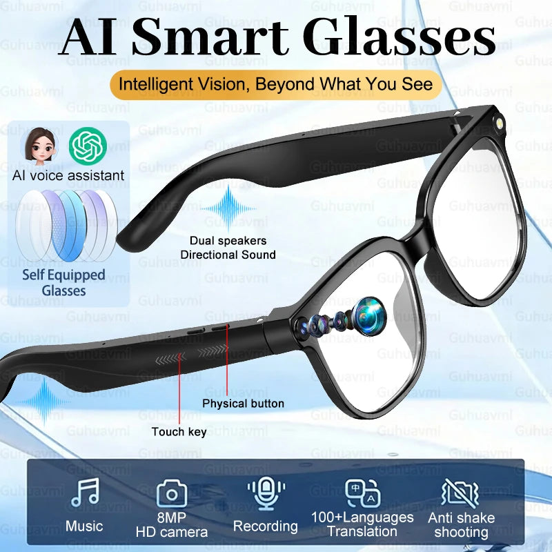 Gafas Inteligentes con IA 2026, Cámara HD 4K de 800W, Memoria de 32GB, Traducción a Más de 139 Idiomas, ChatGPT, Música, Fotos y Video, Gafas de Sol para Hombre y Mujer