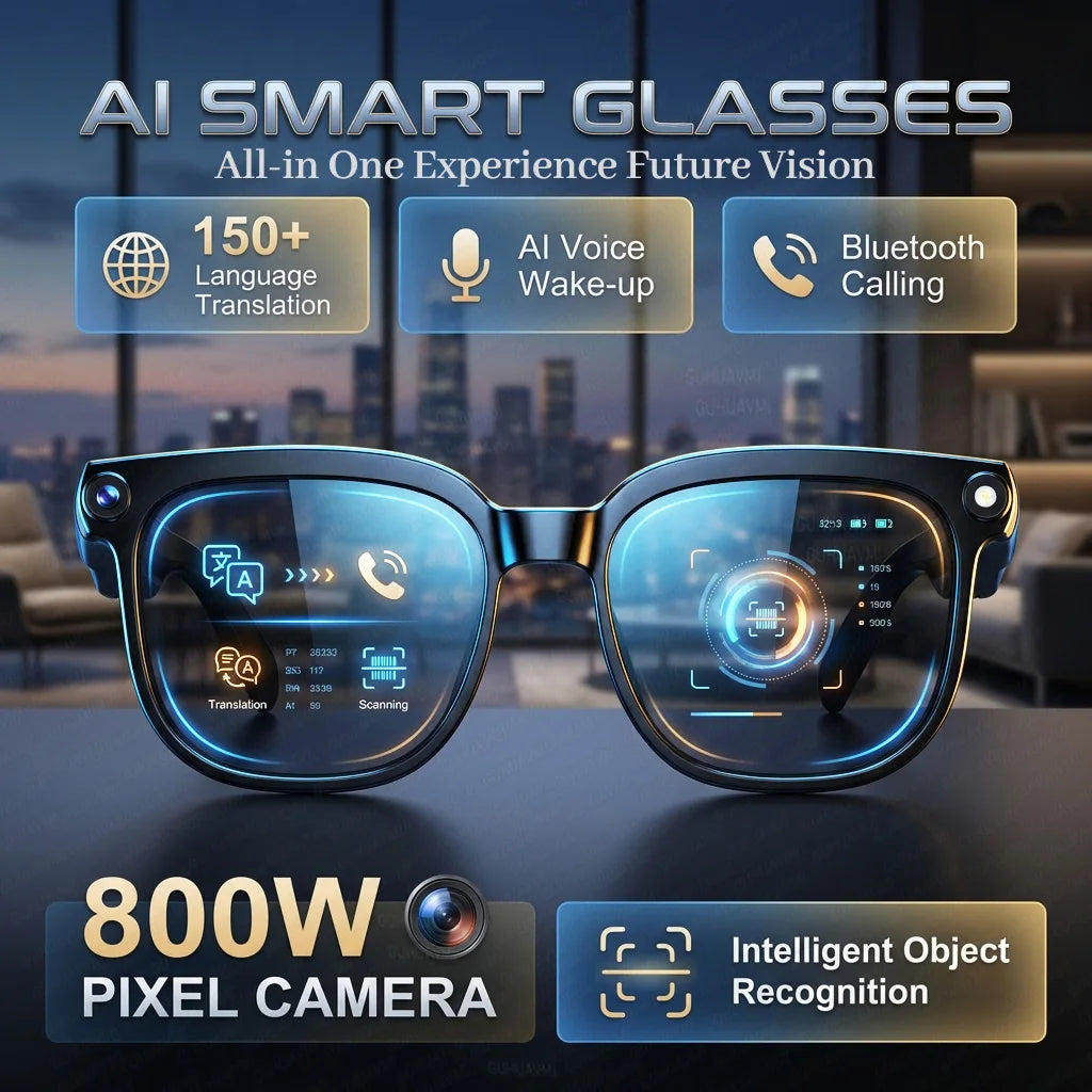 Gafas Inteligentes con IA 2026, Traducción en Más de 120 Idiomas, Cámara de 800W Píxeles, Reproductor de Música y Video, Llamadas, Gafas con Cambio de Color 8K para Hombre