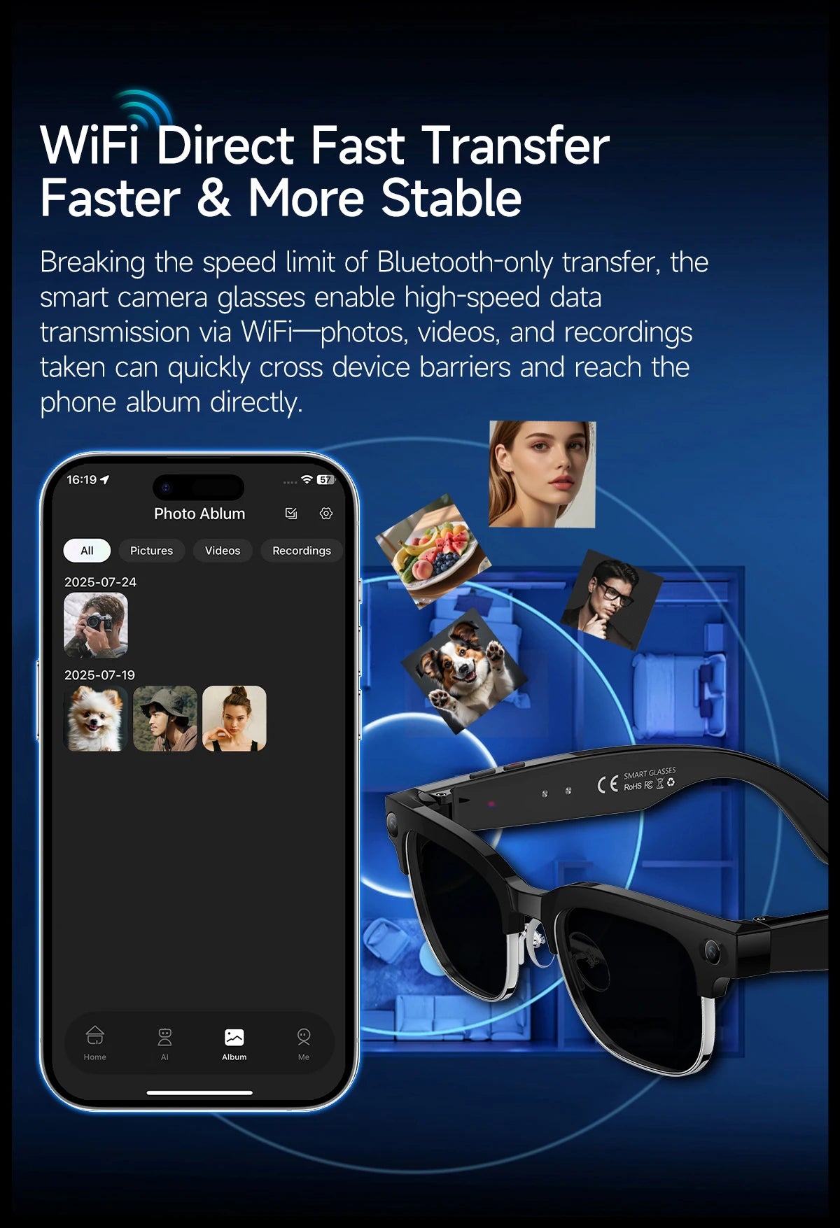 AI Smart Glasses 8 Million Pixels Recording Videos Photo Recognition Answer Translation 290mAh IP66 Waterproof Bluetooth Glasses