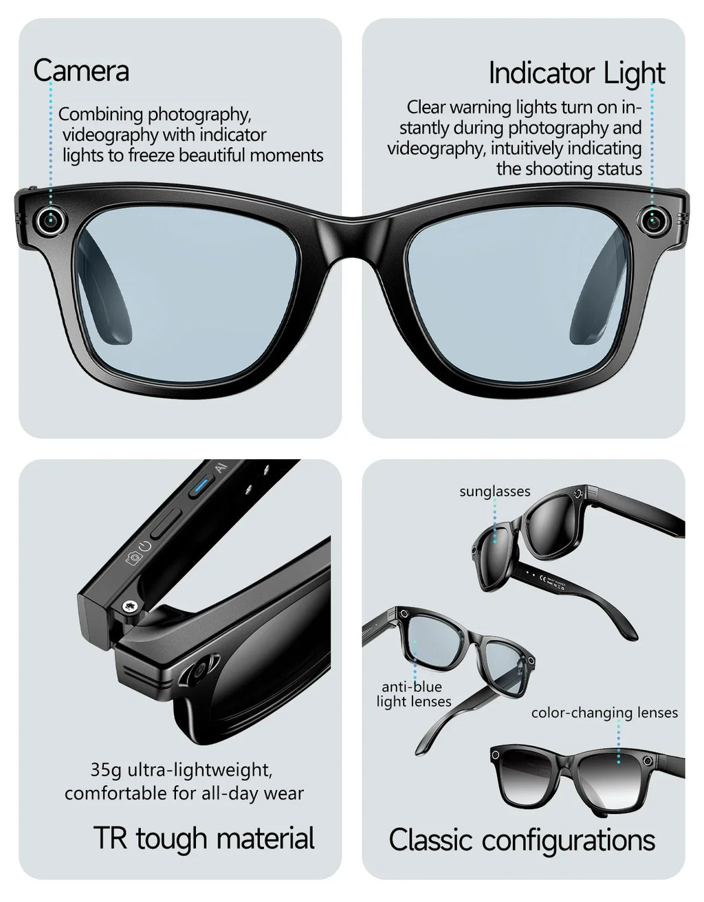 Gafas Inteligentes Meta AI TOP 1 con Cámara de 8MP, Grabación de Video, Traducción a Más de 100 Idiomas, Llamadas Bluetooth, Reproducción de Música