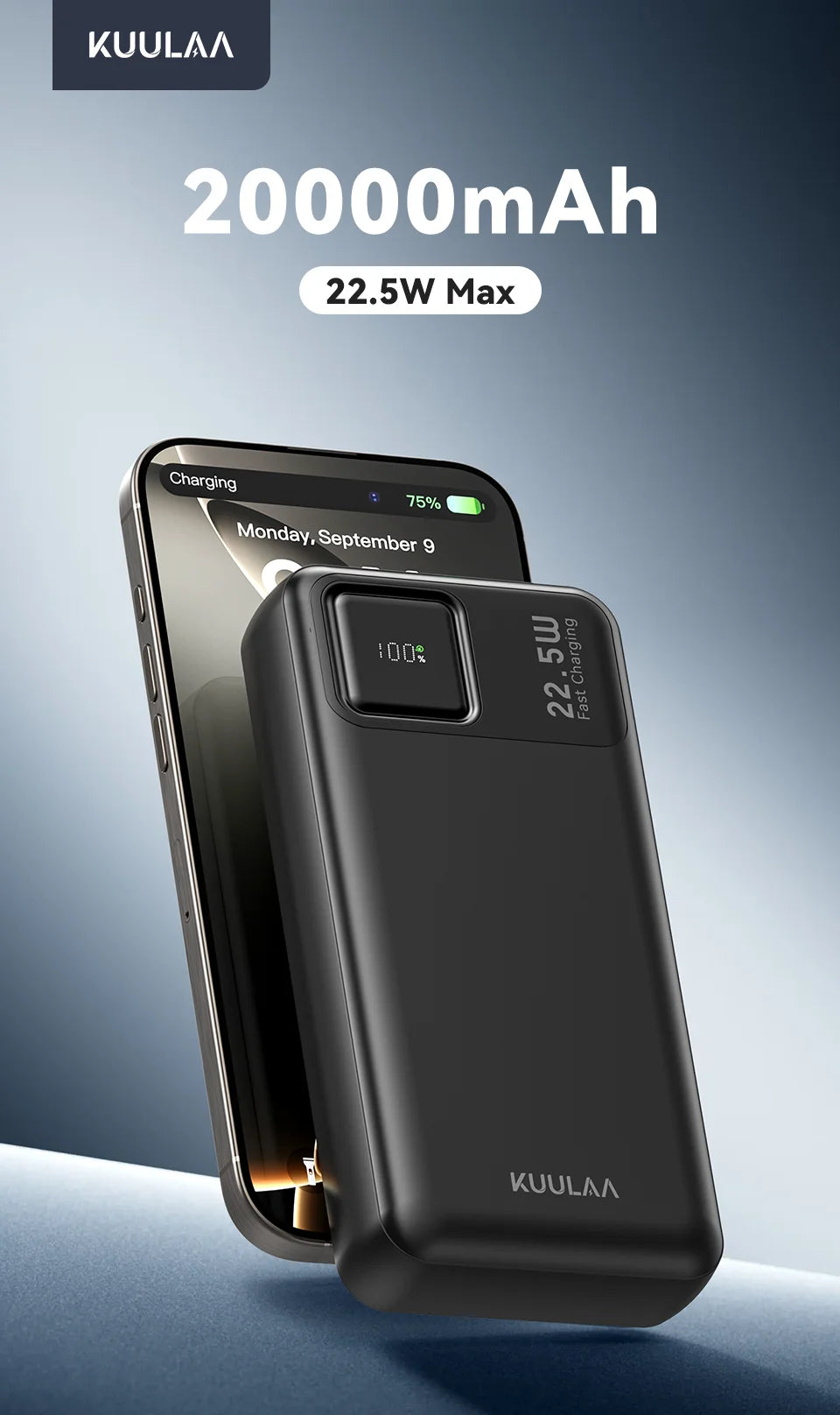 KUULAA 20000mAh banco de energía batería externa portátil 22,5 W cargador portátil de carga rápida para iPhone xiaomi redmi poco Powerbank