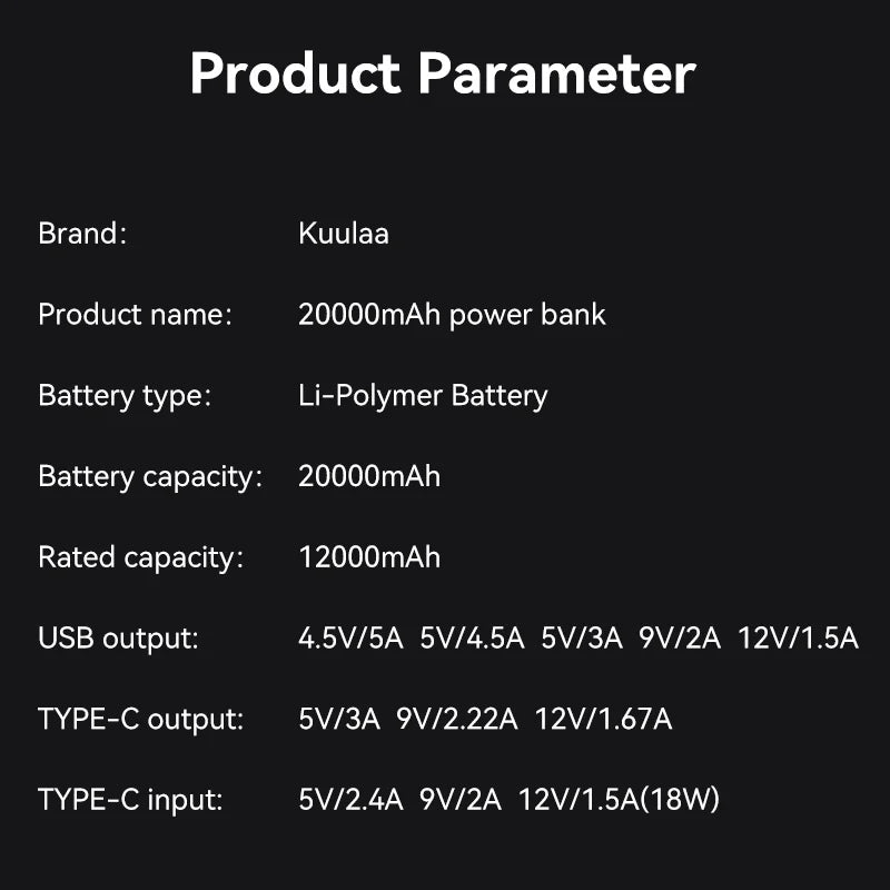 KUULAA 20000mAh banco de energía batería externa portátil 22,5 W cargador portátil de carga rápida para iPhone xiaomi redmi poco Powerbank