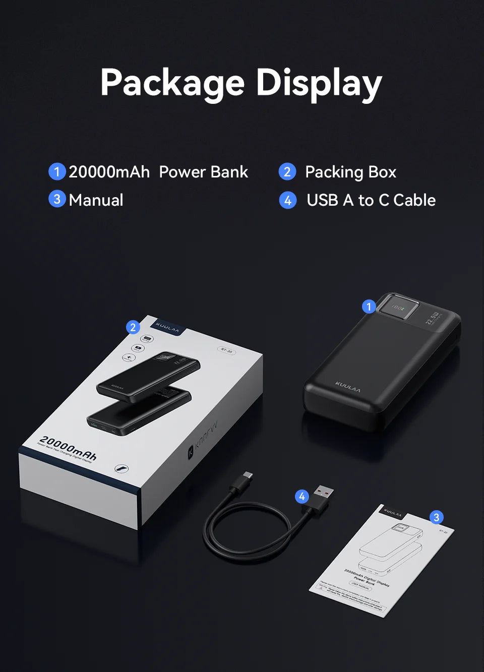 KUULAA 20000mAh banco de energía batería externa portátil 22,5 W cargador portátil de carga rápida para iPhone xiaomi redmi poco Powerbank