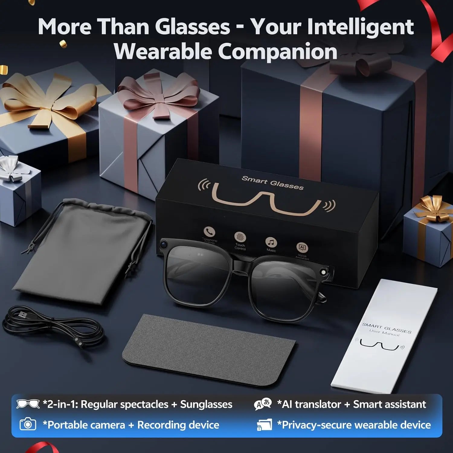Gafas Inteligentes con IA 2026, Cámara HD 4K de 800W, Memoria de 32GB, Traducción a Más de 139 Idiomas, ChatGPT, Música, Fotos y Video, Gafas de Sol para Hombre y Mujer