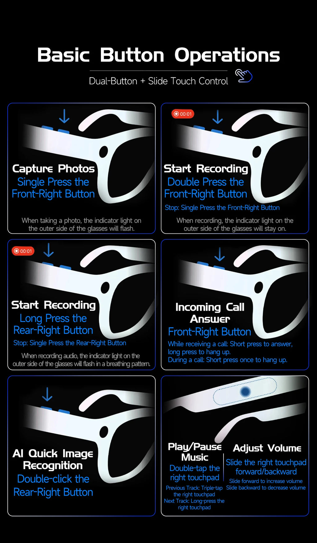 AI Smart Glasses 8 Million Pixels Recording Videos Photo Recognition Answer Translation 290mAh IP66 Waterproof Bluetooth Glasses