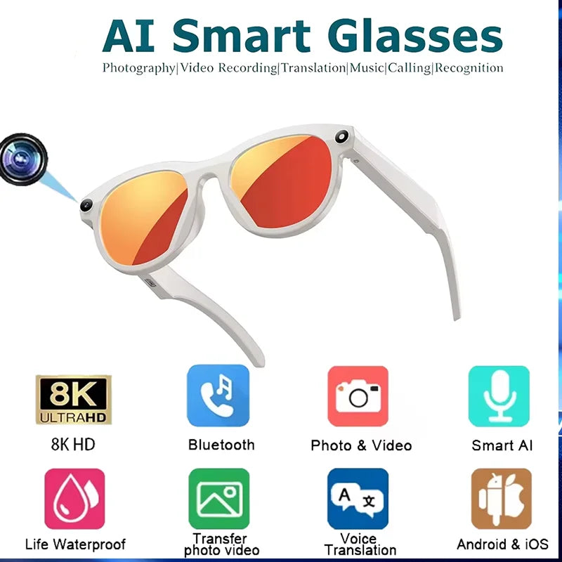 AI gafas de cámara inteligente traducción 8K HD gafas de cámara multifuncional Bluetooth 5,3 llamadas asistente de voz música nuevo
