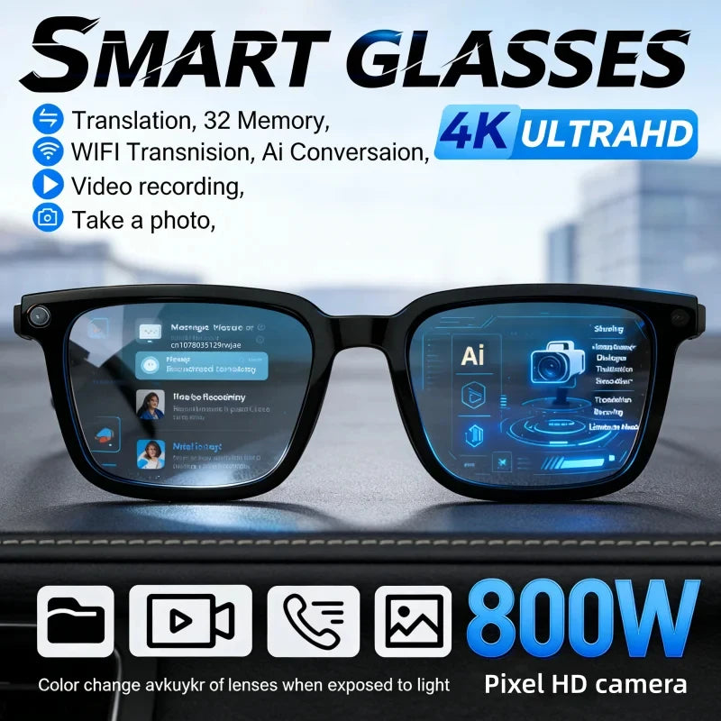 Gafas Inteligentes con IA 2026, Traducción por IA, Cámara HD de 8MP, Grabación de Imágenes 4K, Llamadas Bluetooth, Grabación de Música, Gafas de Sol Inteligentes