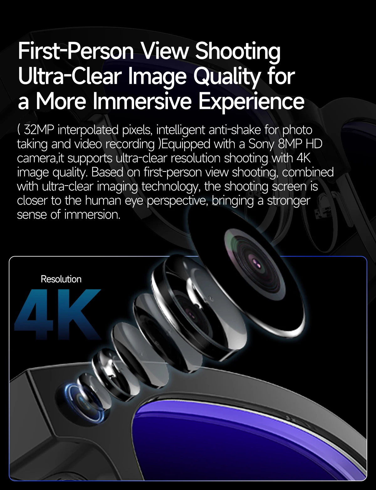 AI Smart Glasses 8 Million Pixels Recording Videos Photo Recognition Answer Translation 290mAh IP66 Waterproof Bluetooth Glasses