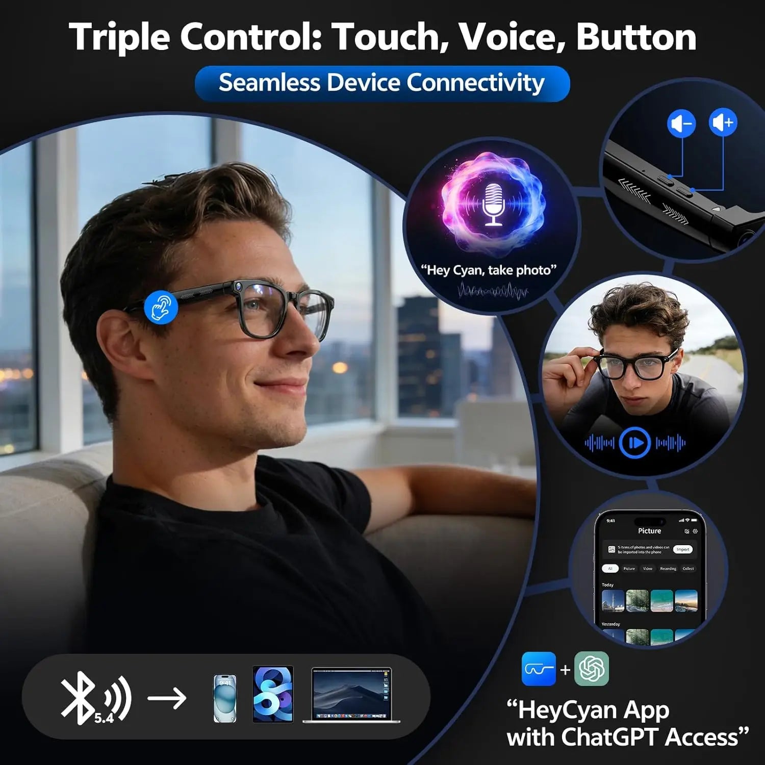 Gafas Inteligentes con IA 2026, Cámara HD 4K de 800W, Memoria de 32GB, Traducción a Más de 139 Idiomas, ChatGPT, Música, Fotos y Video, Gafas de Sol para Hombre y Mujer