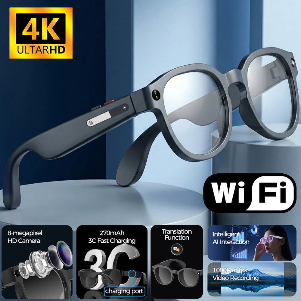 Gafas Inteligentes con IA 2026, Traducción por IA, Cámara HD de 8MP, Grabación de Imágenes 4K, Conversación, Grabación, Escucha de Música