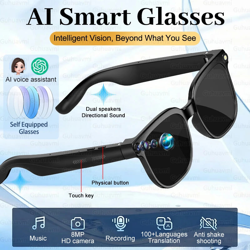 Gafas Inteligentes con IA 2026, Cámara HD 4K de 800W, Memoria de 32GB, Traducción a Más de 139 Idiomas, ChatGPT, Música, Fotos y Video, Gafas de Sol para Hombre y Mujer